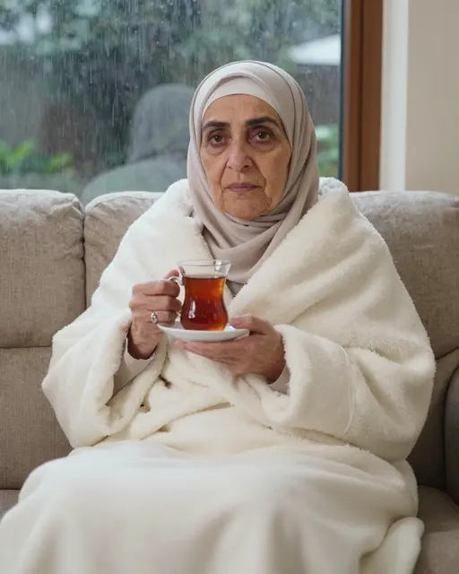 Senior Middle Eastern woman wrapped in a blanket holds a tea cup while sitting on a sofa with rain falling outside the window