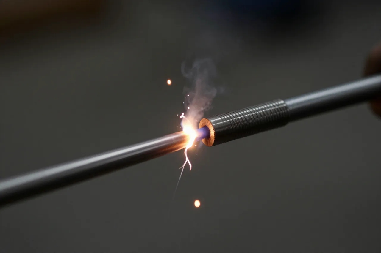 A bright electric arc jumps between two metal rods, producing sparks and wispy smoke against a dark blurred background