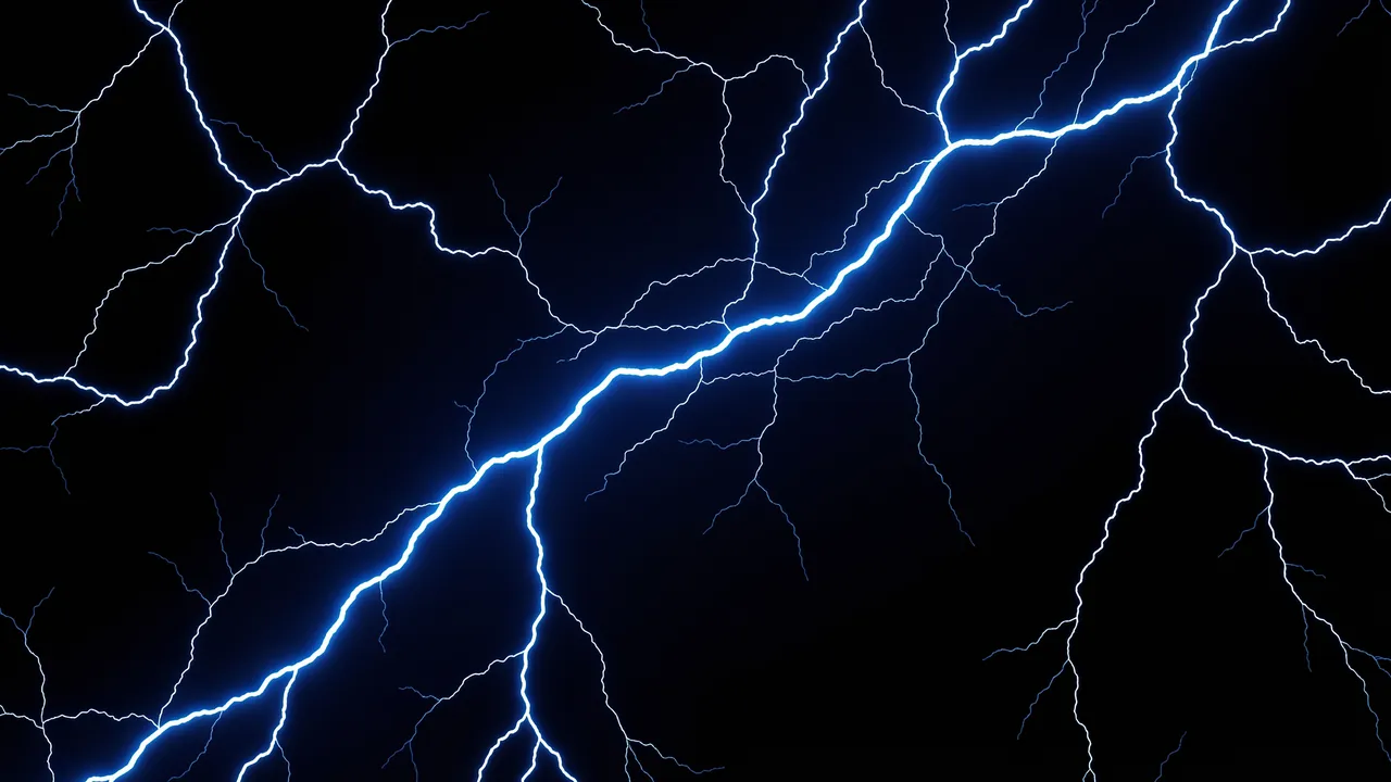 Branching electric blue lightning spreads across a solid black background