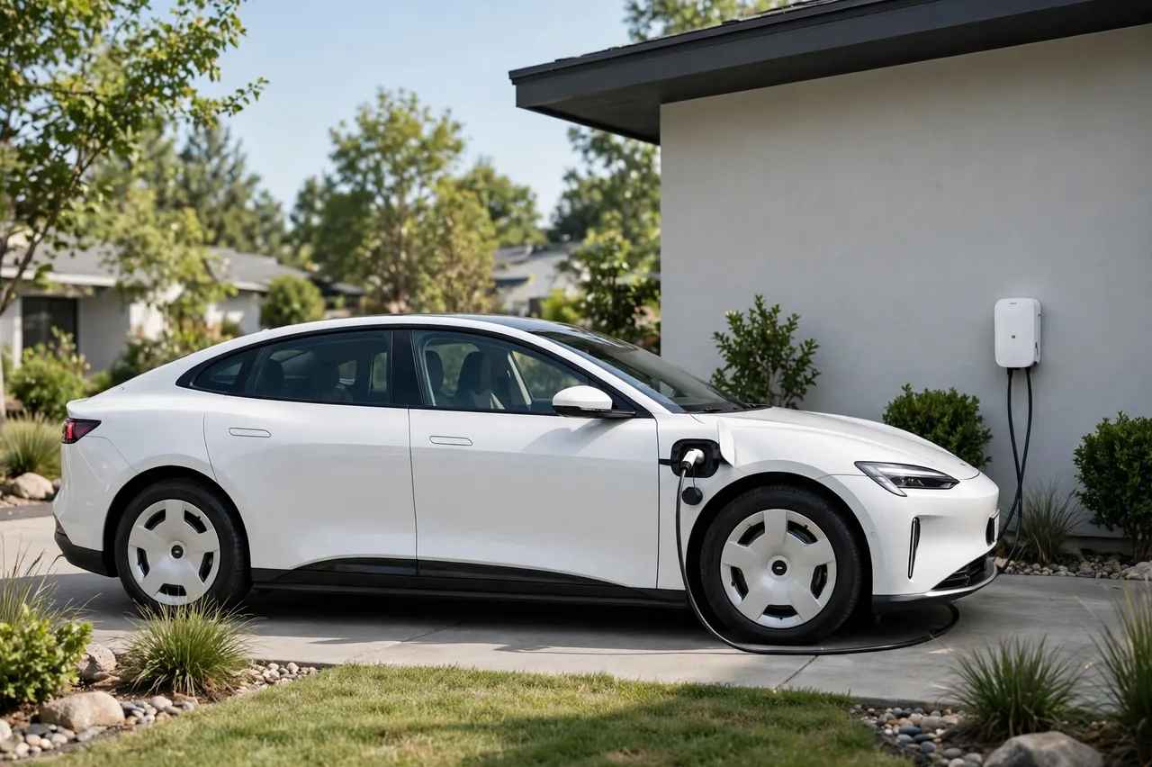 A white electric sedan plugged into a wall home charger on a residential concrete driveway