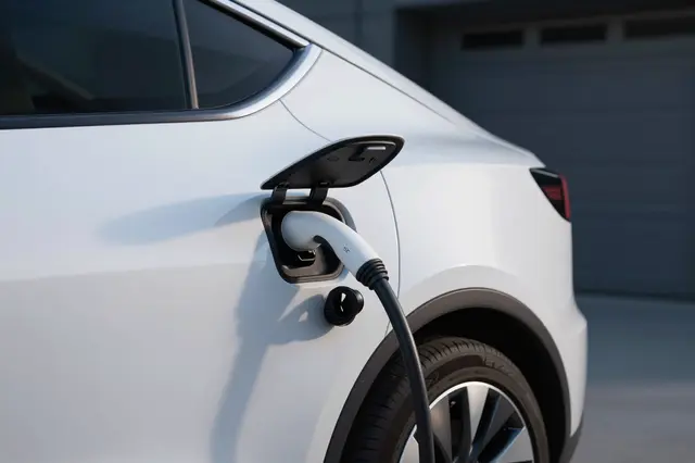 Close up of a white unbranded electric car plugged in to charge inside a residential garage