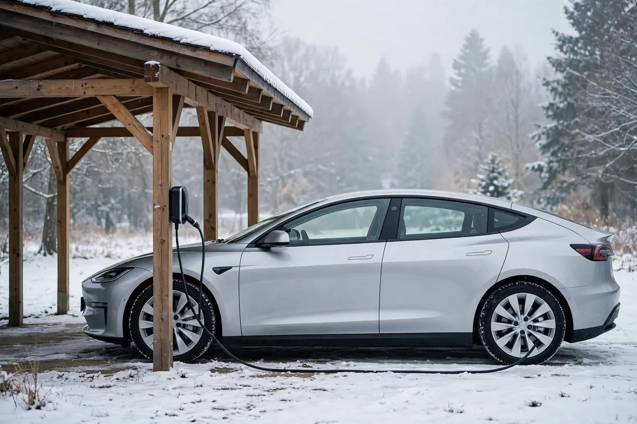 Silver modern electric car charges under a wooden carport on a snowy foggy morning
