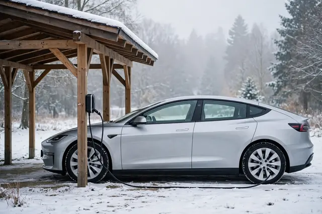 Silver modern electric car charges under a wooden carport on a snowy foggy morning