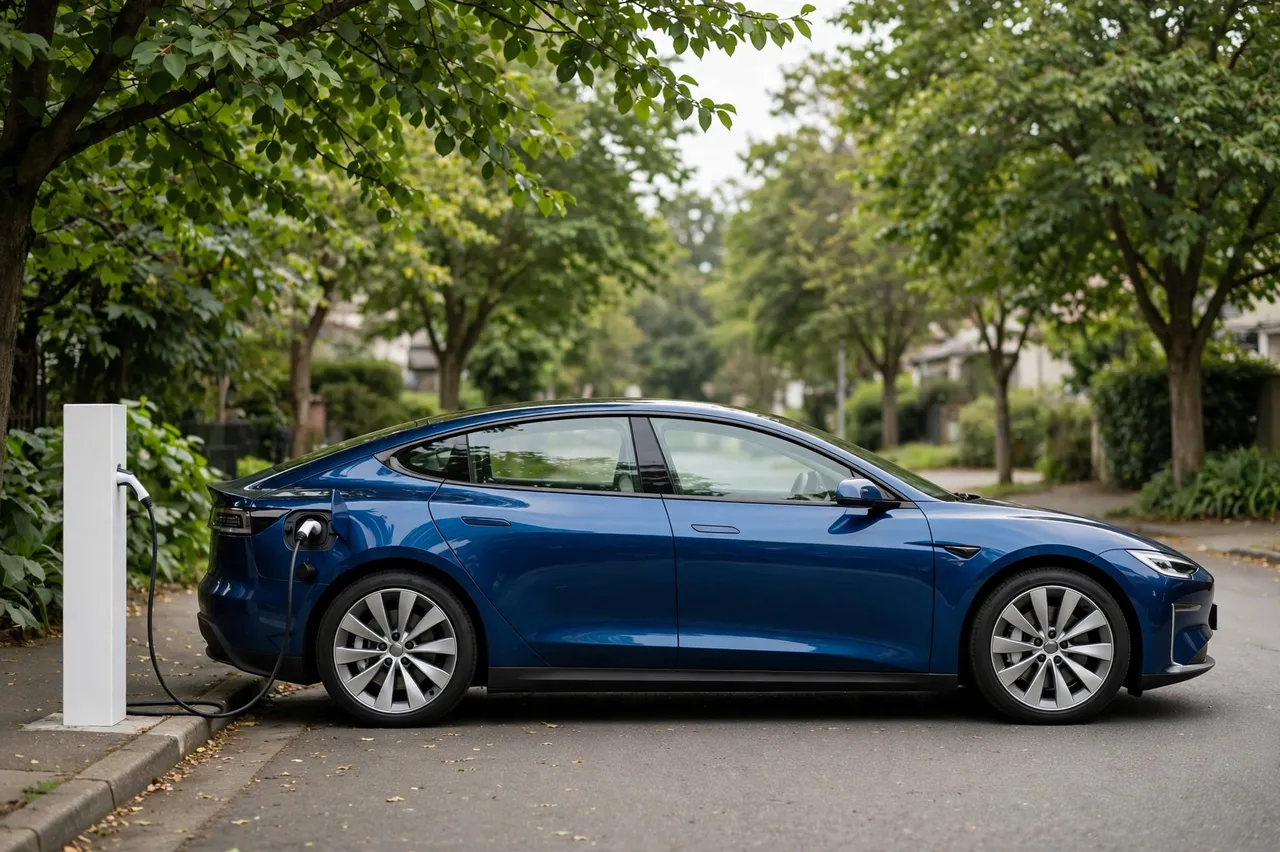 Side view of a blue modern electric sedan plugged into a white charging post on a leafy residential street