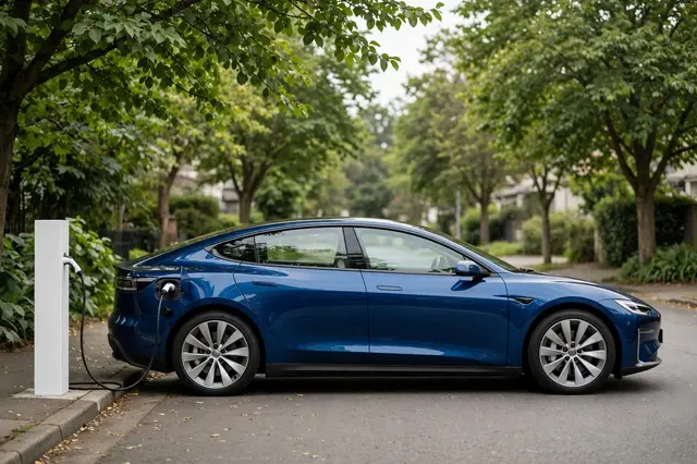 Side view of a blue modern electric sedan plugged into a white charging post on a leafy residential street