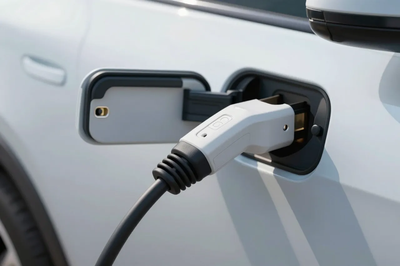 A close-up view of an EV charging plug inserted into the port of a white electric car.