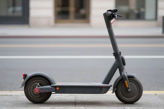 A sleek unbranded gray electric scooter stands parked upright on a city sidewalk next to an empty street