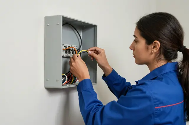 Side view of a woman in a blue work uniform connecting wires inside a wall-mounted electrical junction box.