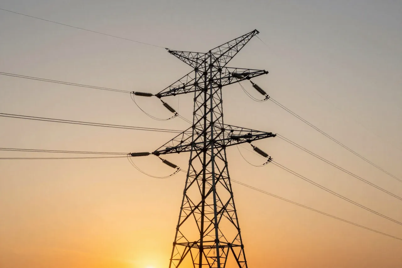 Silhouetted high-voltage electricity pylon stands against a warm gradient sunset sky