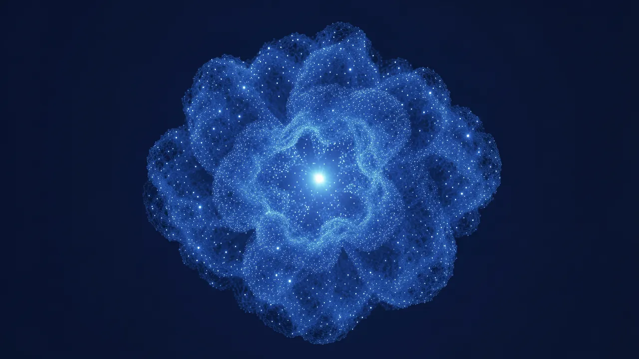 A glowing shimmering blue particle cloud surrounds a bright central point against a deep dark blue background
