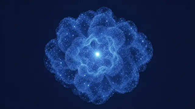 A glowing shimmering blue particle cloud surrounds a bright central point against a deep dark blue background