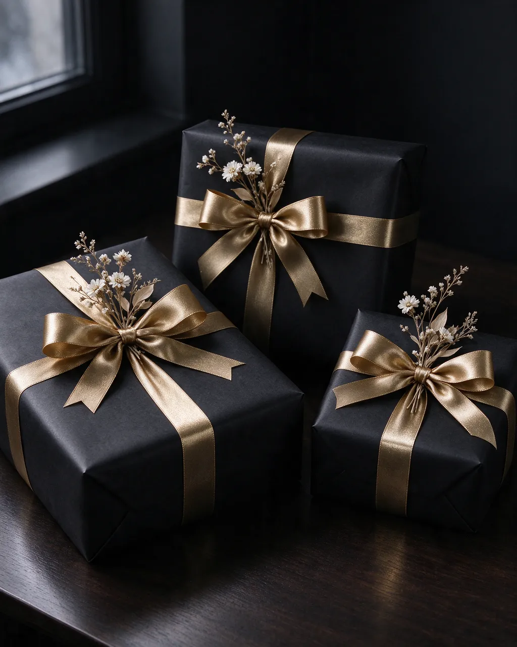 Three matte black wrapped gift boxes with gold satin bows and dried white flowers sit on a dark wooden table near a window