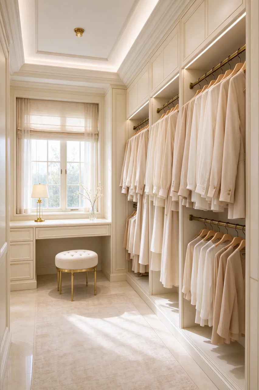 Bright sunlit walk-in closet with cream cabinetry, brass hardware, a window dressing table and tufted stool