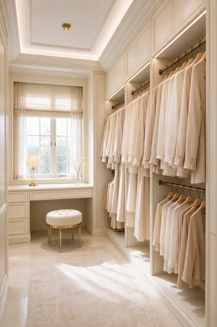 Bright sunlit walk-in closet with cream cabinetry, brass hardware, a window dressing table and tufted stool