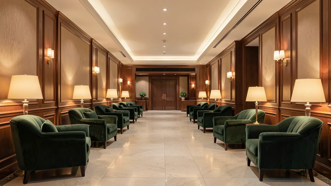 Symmetric empty hotel lobby lined with green velvet armchairs and warm glowing table lamps