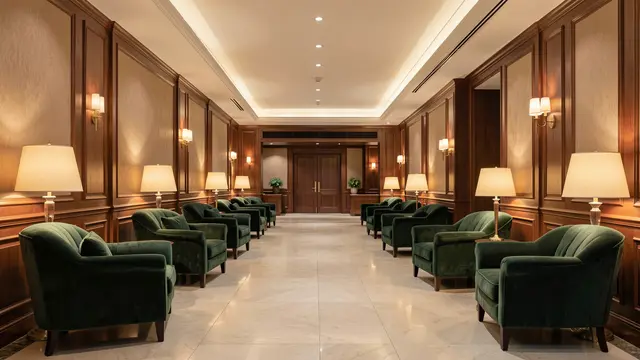 Symmetric empty hotel lobby lined with green velvet armchairs and warm glowing table lamps