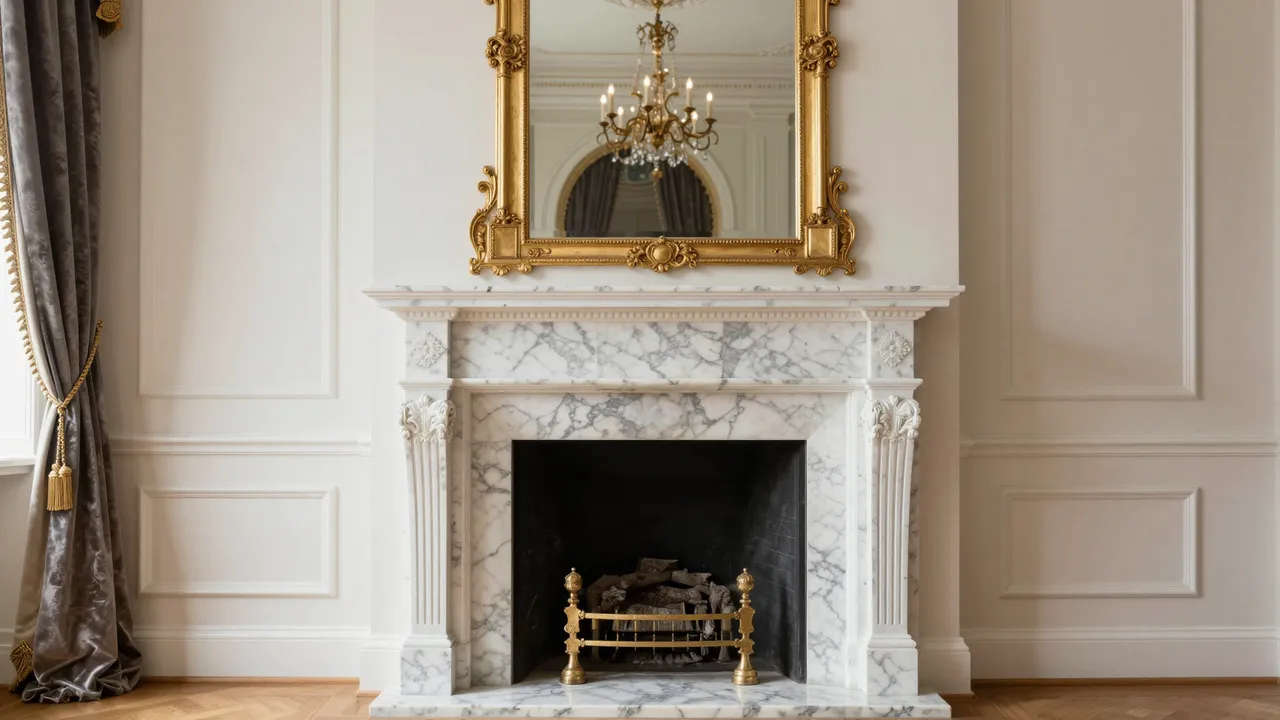 A formal room interior features a marble fireplace, gilded overmantel mirror and grey velvet drapes.