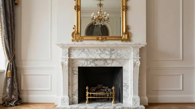 A formal room interior features a marble fireplace, gilded overmantel mirror and grey velvet drapes.