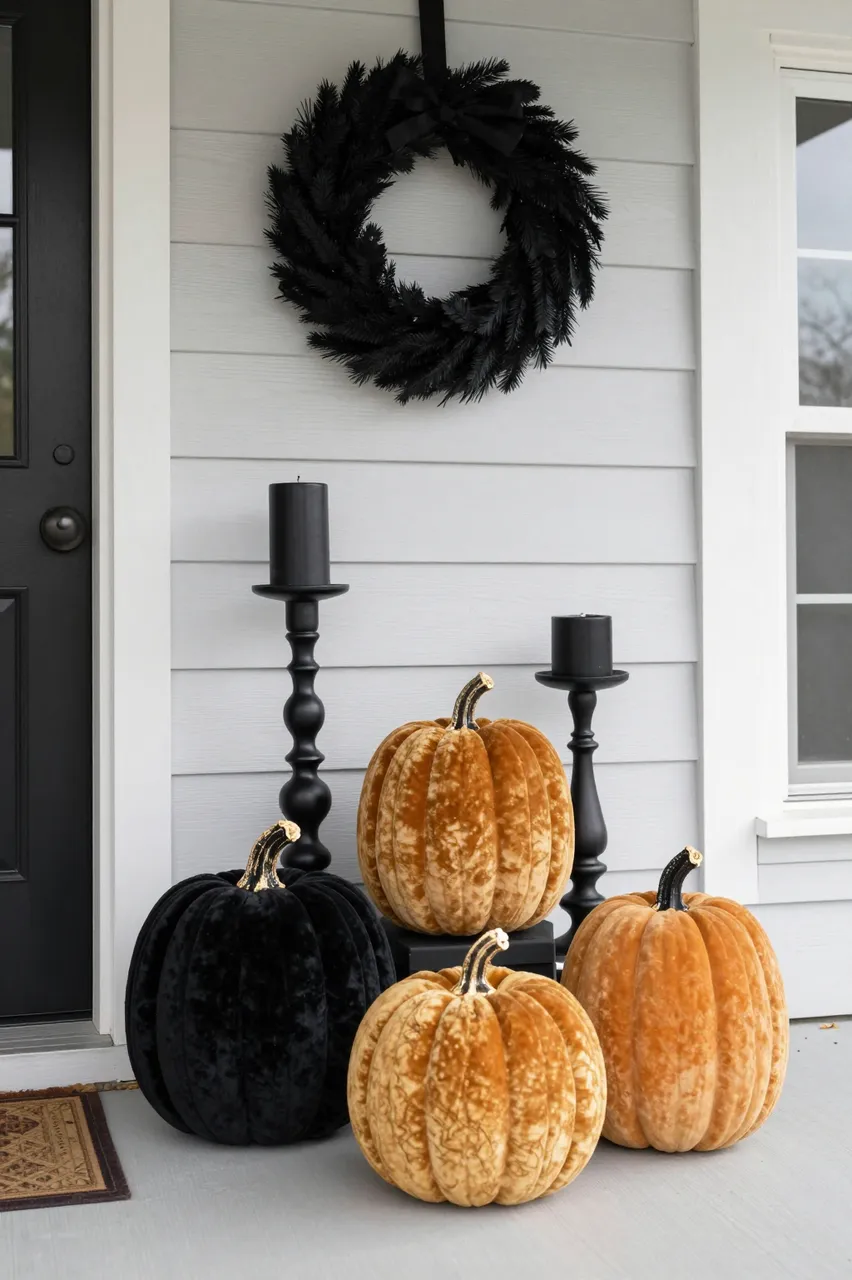 Black and gold Halloween porch decor with velvet pumpkins, candlesticks and a feather wreath against a light gray house
