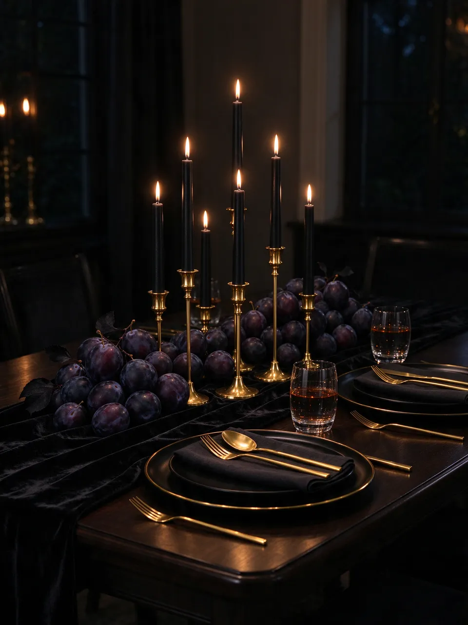 Dark dining table set with black and gold tableware, lit taper candles, and dark plums on a velvet runner
