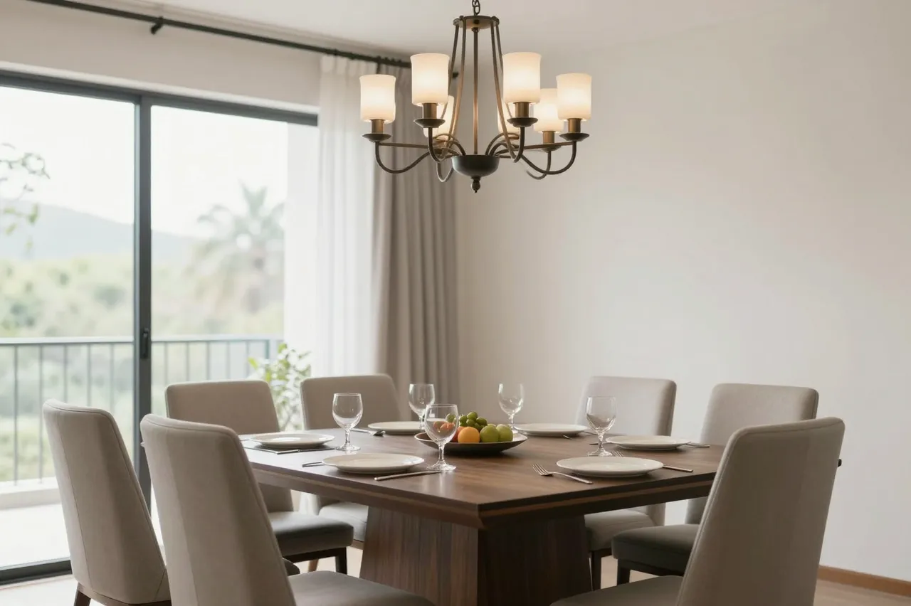 Bright minimalist dining room set with a wooden table, chandelier, and view to an outdoor balcony