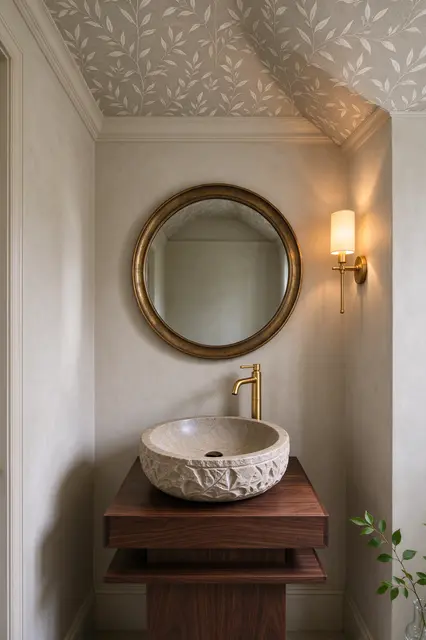 Carved stone basin on a wooden plinth sits below a brass framed round mirror in a wallpapered ceiling powder room