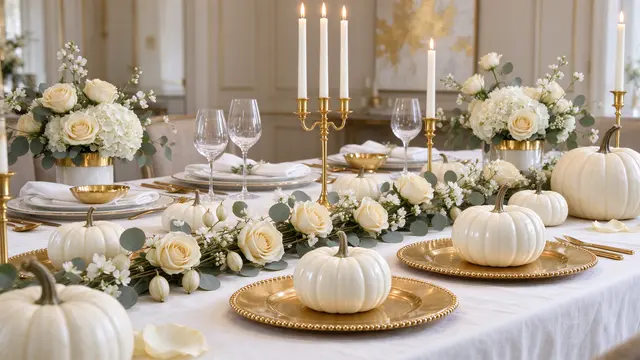 Formal Thanksgiving table decor features white pumpkins, gold chargers, cream roses, and lit tall candles on a linen