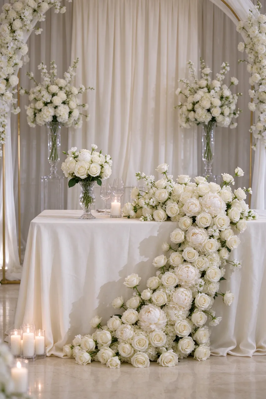 Ivory draped wedding sweetheart table with cascading white rose florals and candles against a draped ceremony backdrop