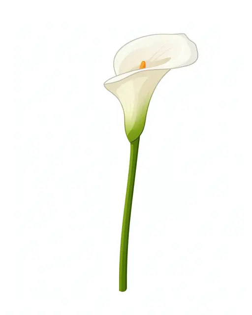 Flat illustration of a single white calla lily on a long green stem isolated on a plain white background