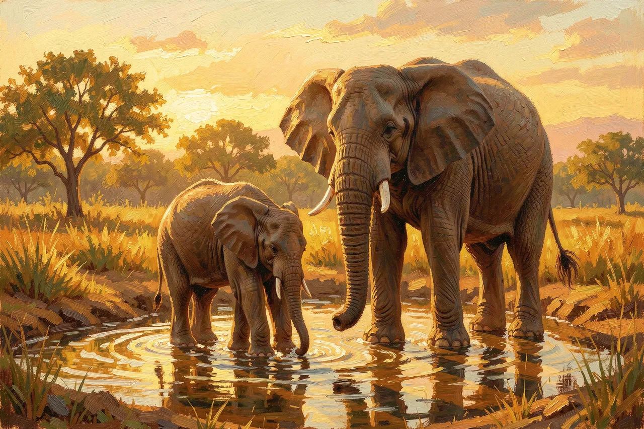 Textured oil painting of an adult elephant and calf standing in a savanna waterhole in warm golden evening light