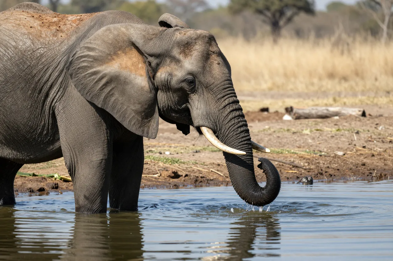 An African elephant stands partially submerged at a waterhole with its trunk curled near the surface, its reflection visible