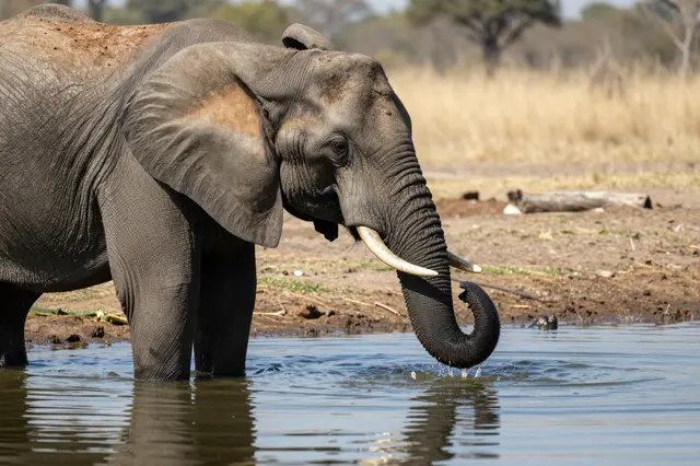 An African elephant stands partially submerged at a waterhole with its trunk curled near the surface, its reflection visible