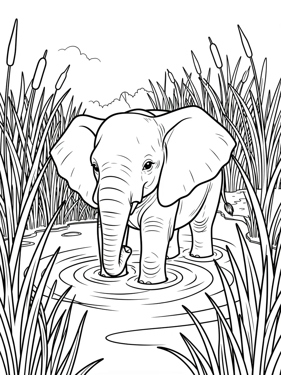 Black and white line art coloring page of an elephant standing in a shallow river surrounded by tall reeds