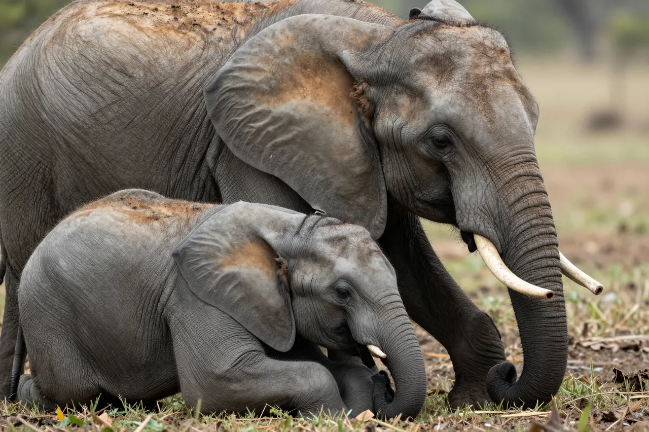A small elephant calf rests on the ground next to a larger adult elephant on savanna grass