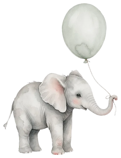 Watercolor grey elephant calf holding a pale sage balloon string in its curled trunk