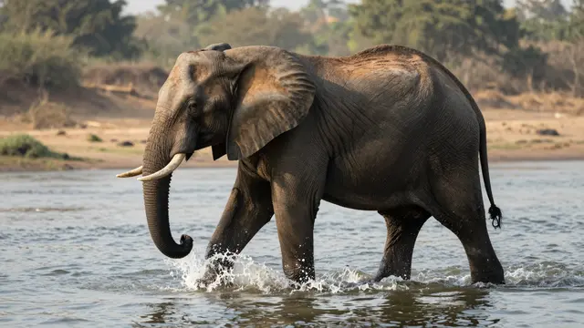An African elephant walks through a shallow river with splashing water under warm morning light