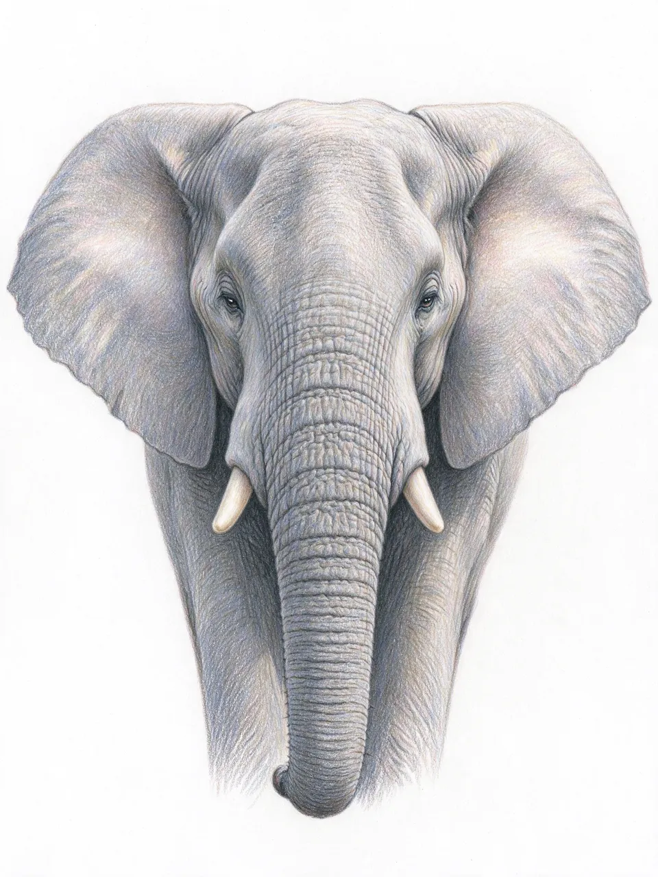 Detailed front-facing colored pencil drawing of an elephant's face against a plain white background