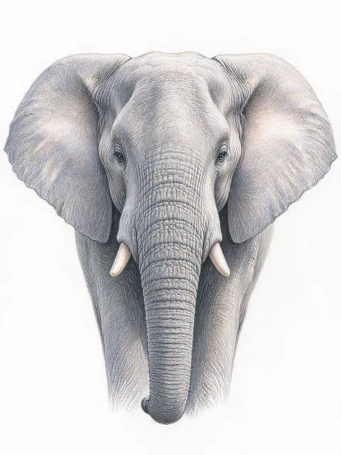Detailed front-facing colored pencil drawing of an elephant's face against a plain white background