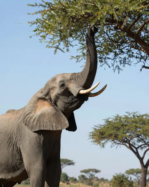 An elephant stretches its trunk upward to pull leaves from an acacia tree under a clear blue sky