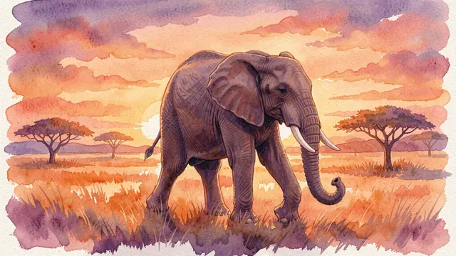 Watercolor of an African elephant walking across a grassy savanna at warm orange and violet sunset
