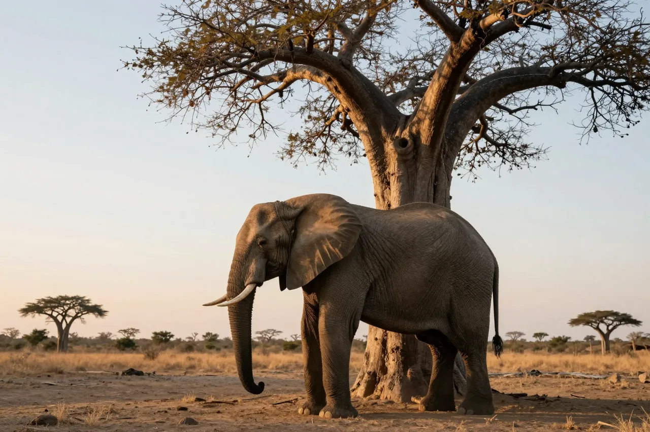 An african elephant stands beneath a large baobab tree on a sunlit dry savanna plain at golden hour