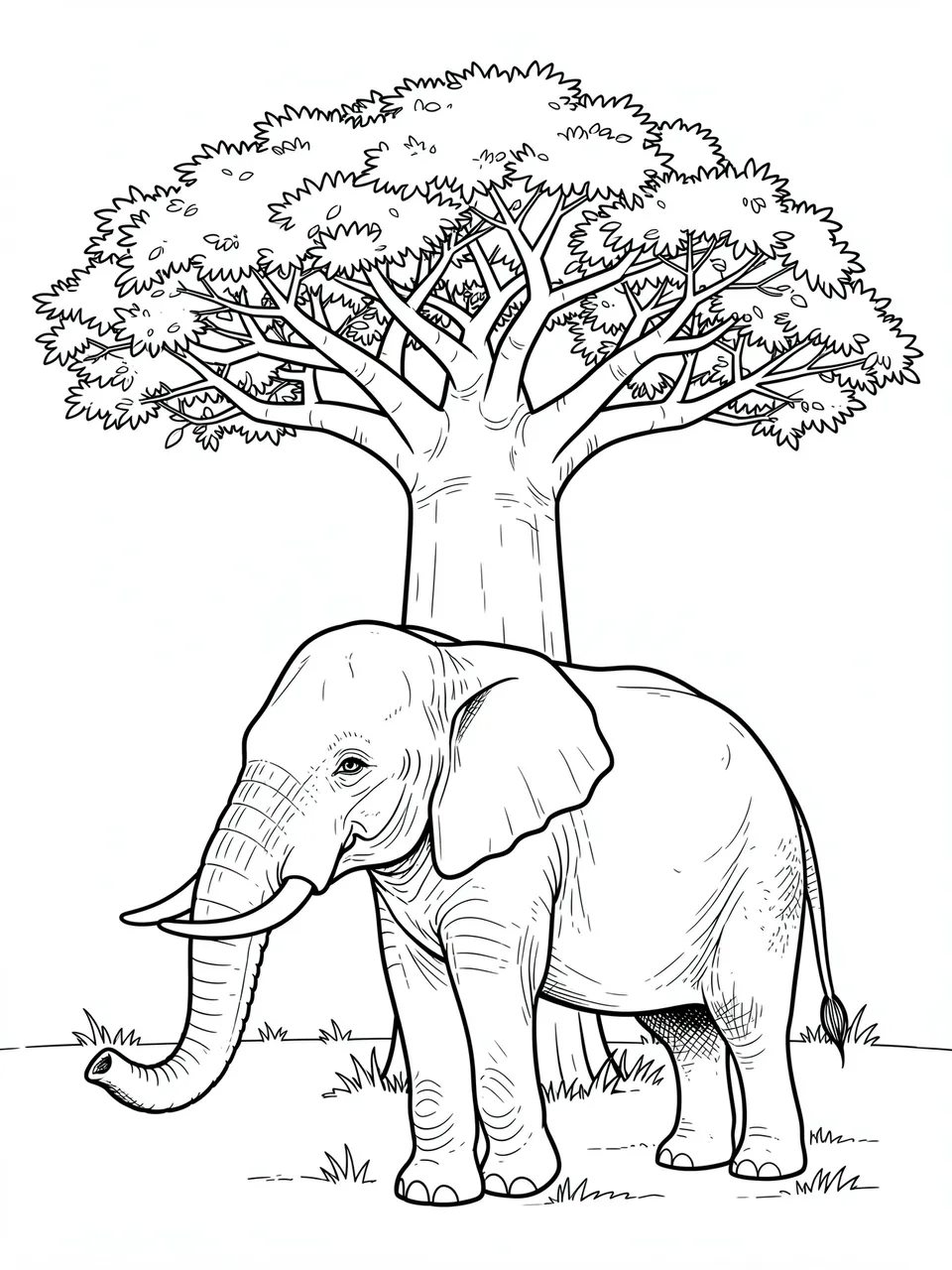 Clean black and white line art of an elephant standing beneath a broad baobab tree on a plain white background.