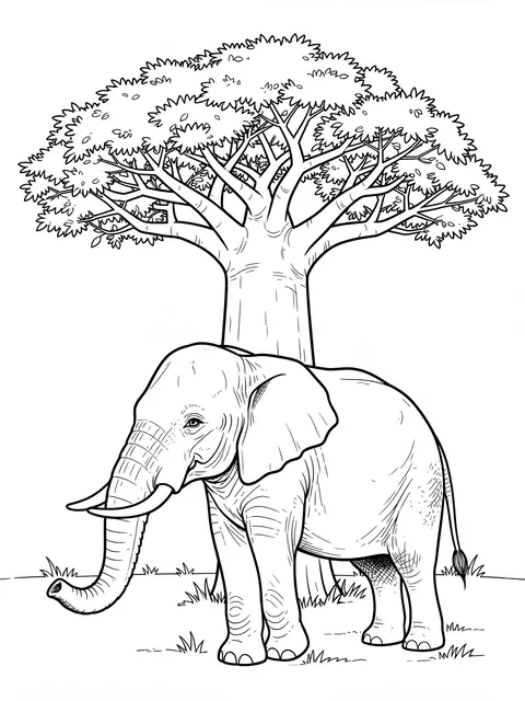 Clean black and white line art of an elephant standing beneath a broad baobab tree on a plain white background.
