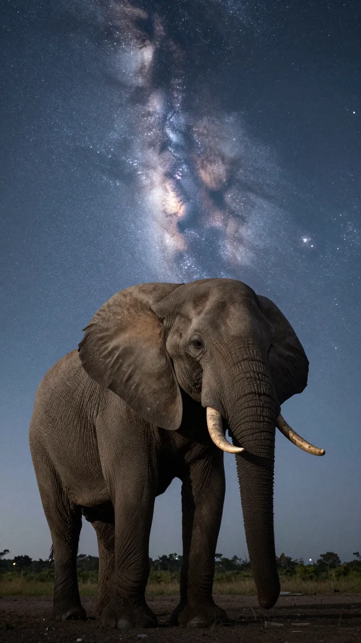 A large African elephant stands on open savanna ground beneath a bright swirling milky way night sky