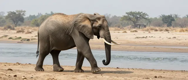 An African elephant with tusks walks across a sandy riverbank beside calm water under hazy midday heat.