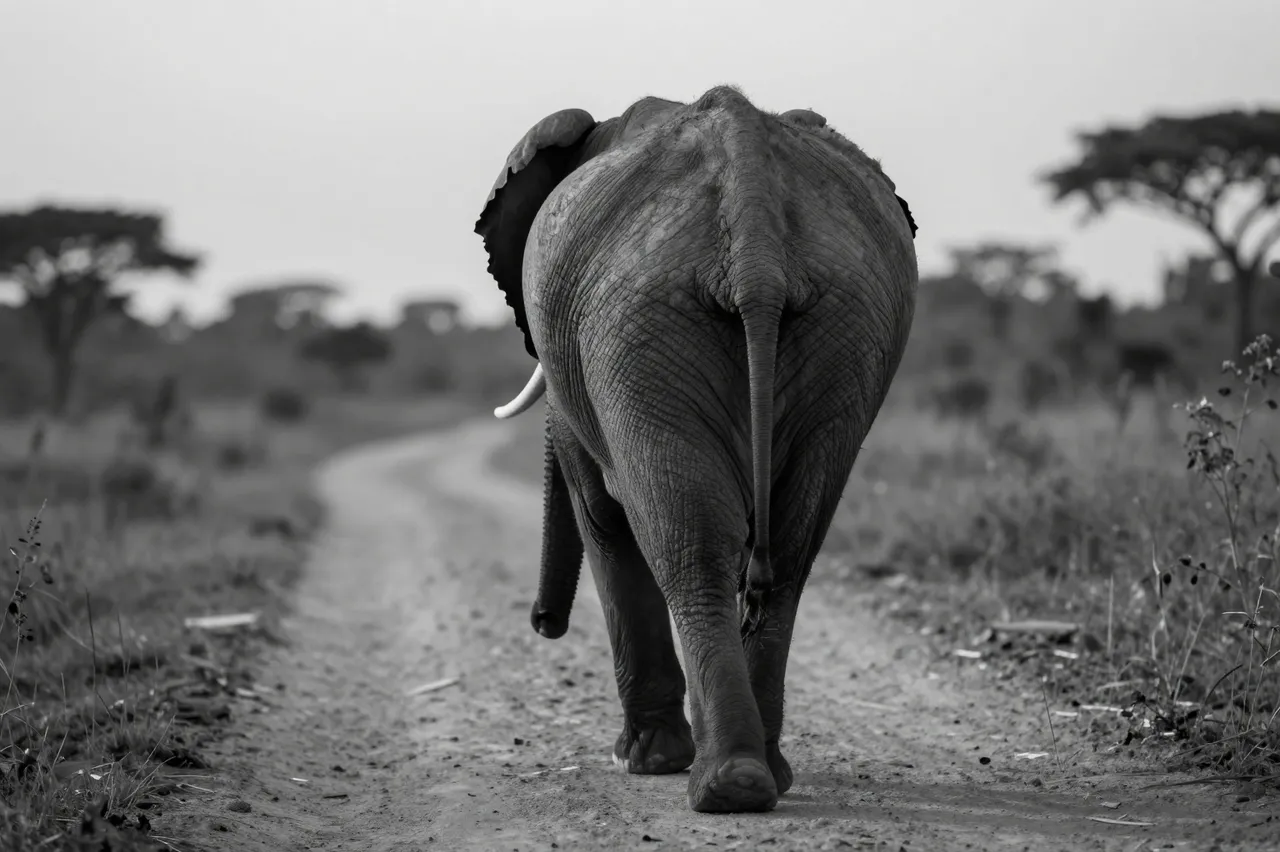Black and white rear view of an elephant walking down a dusty savanna dirt track at dusk