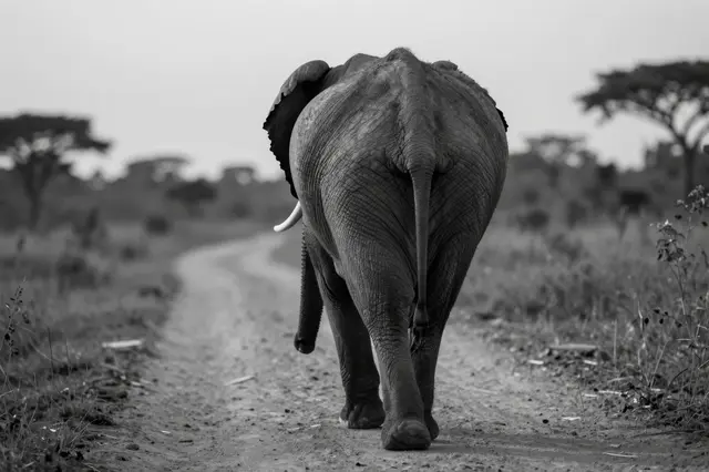 Black and white rear view of an elephant walking down a dusty savanna dirt track at dusk