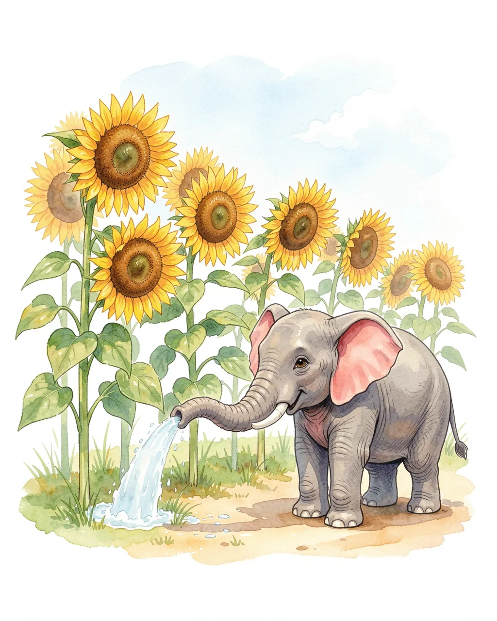 A cute baby elephant uses its trunk to water a row of tall sunflowers in a soft watercolor illustration.