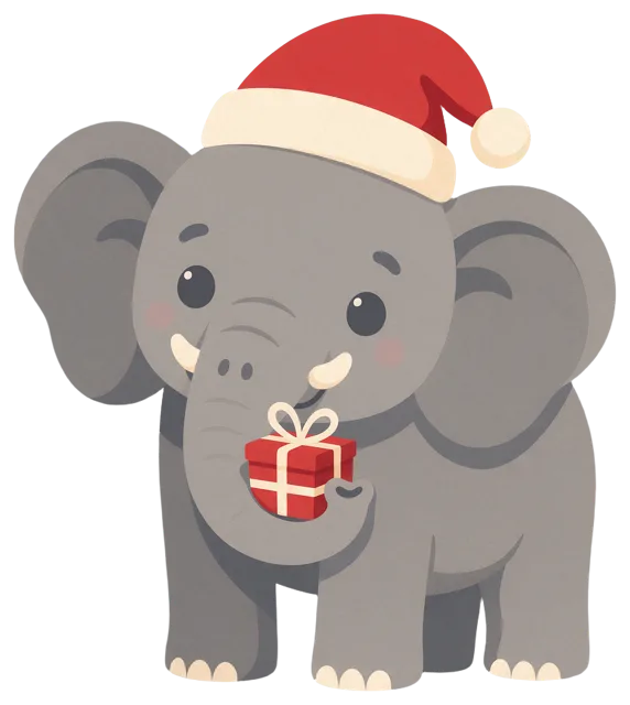 Cute smiling grey elephant wears a red Santa hat and holds a small red gift box in its trunk.