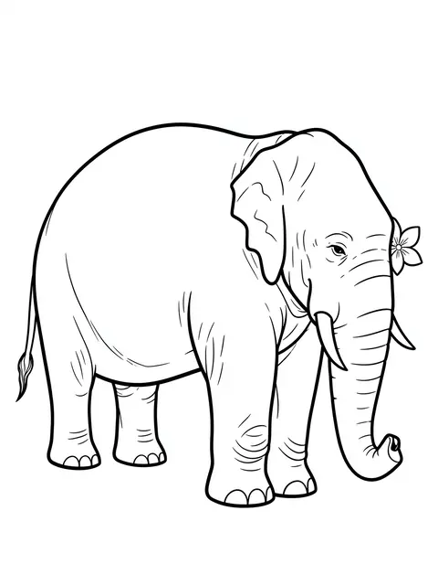 Black and white bold line art of an elephant with a flower near its ear on a plain white background